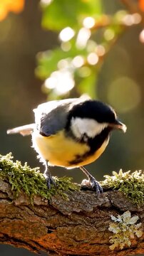 A small bird with yellow and black plumage sits on a mossy branch