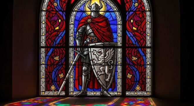 Stained glass window displays a valiant knight wearing plate armor and holding a shield with a griffin emblem.