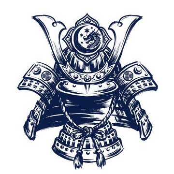 Traditional samurai kabuto helmet vector illustration in bold Japanese brush style isolated on white background.