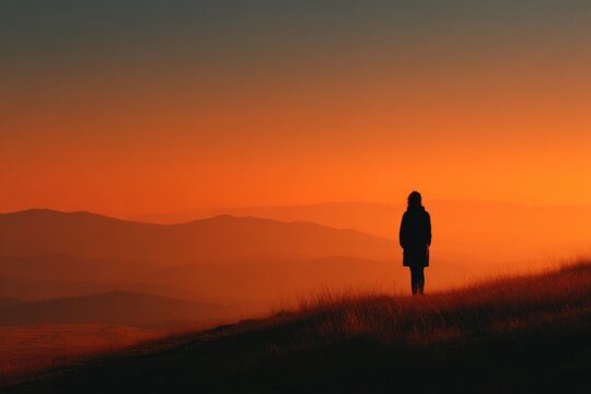 Silhouette of Person Standing on Hill at Sunset