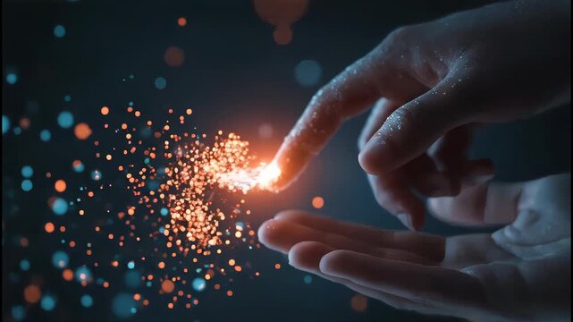 A close-up image depicts a hand reaching out to touch a cluster of glowing particles, suggesting a connection between human interaction and digital technology.