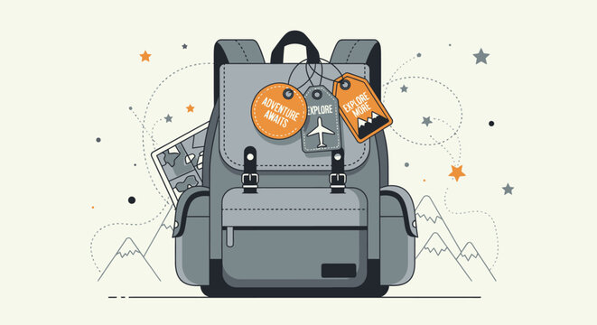 Adventure backpack with travel essentials and camping accessories, outdoor exploration concept for tourism, hiking and journey preparation lifestyle