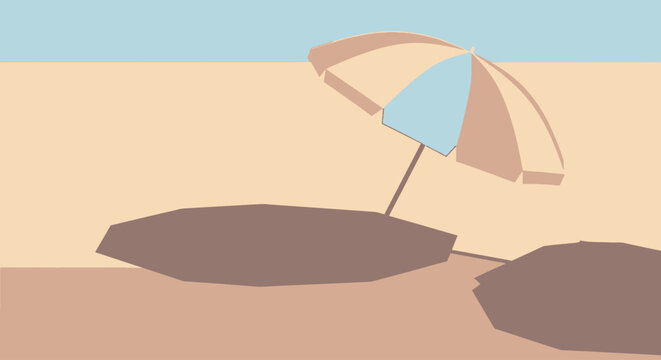 Beach umbrella casting shadow on sandy shore, summer relaxation concept for vacation, seaside leisure and tropical holiday destination themes