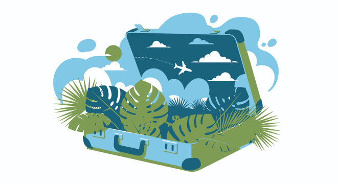 Travel suitcase surrounded by tropical leaves and vacation items, summer holiday concept for tourism, adventure and travel lifestyle illustration