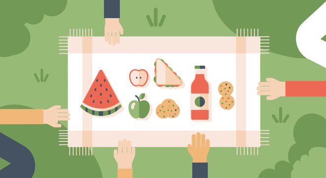 Healthy picnic food arrangement with fruits and snacks, outdoor dining concept for summer lifestyle, nutrition and family leisure activities