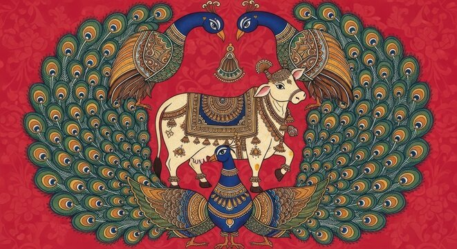 Traditional Indian Artwork Featuring a Sacred Cow and Peacocks.