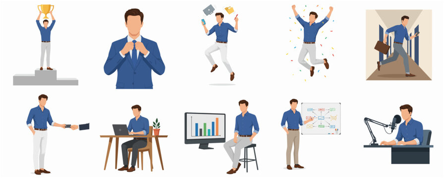 Successful businessman character set featuring office work, professional success, presentation, and multitasking activities in flat vector style