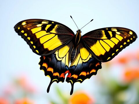 A large, black swallowtail butterfly with yellow or orange wings flaps its wings in mid-air, orange, wildlife