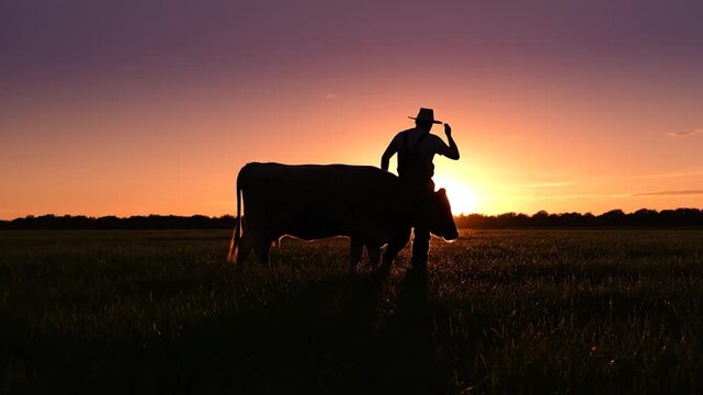 Silhouette of a farmer with a cow at sunset in a field