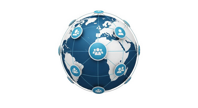 A blue and white globe with people icons on a transparent background