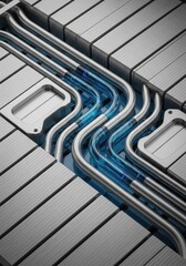 Fototapeta premium Complex industrial cooling system features translucent blue pipes integrated into a brushed metallic mechanical structure.