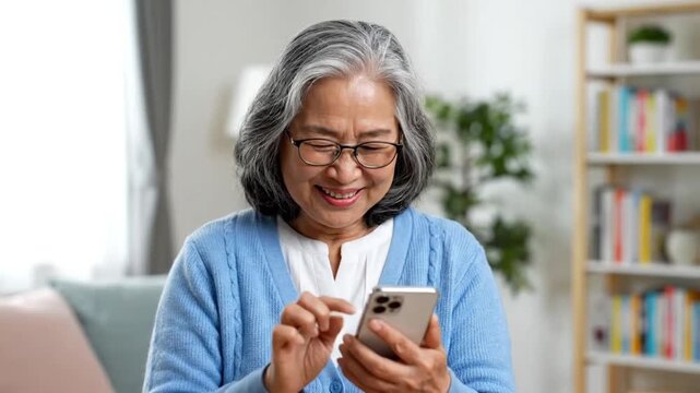 An elderly asian woman smiling while using her smartphone at home in a bright cheerful atmosphere.