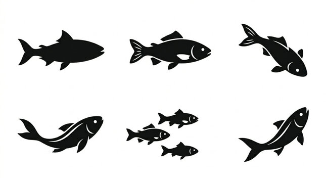 Black silhouettes of various fish swimming.
