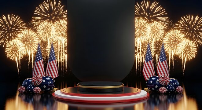 Patriotic 3d product display stand with american flags and golden fireworks background