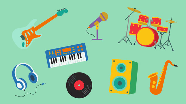 Collection of Musical Instruments and Audio Equipment on a Light Green Background