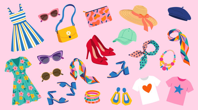 Bright Summer Fashion Accessories Collection Flat Lay Overhead View Colorful Summer Outfit Elements Clothing and Shoes