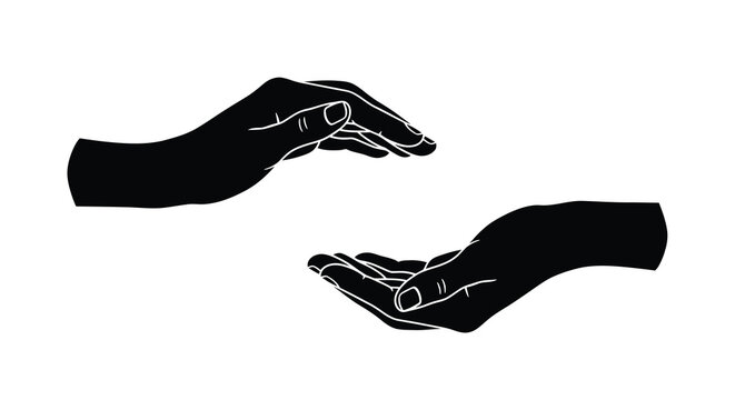 Two hands silhouette open palms facing each other on white background