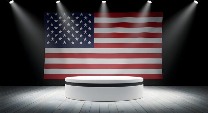 Empty podium stage with american flag background and spotlights