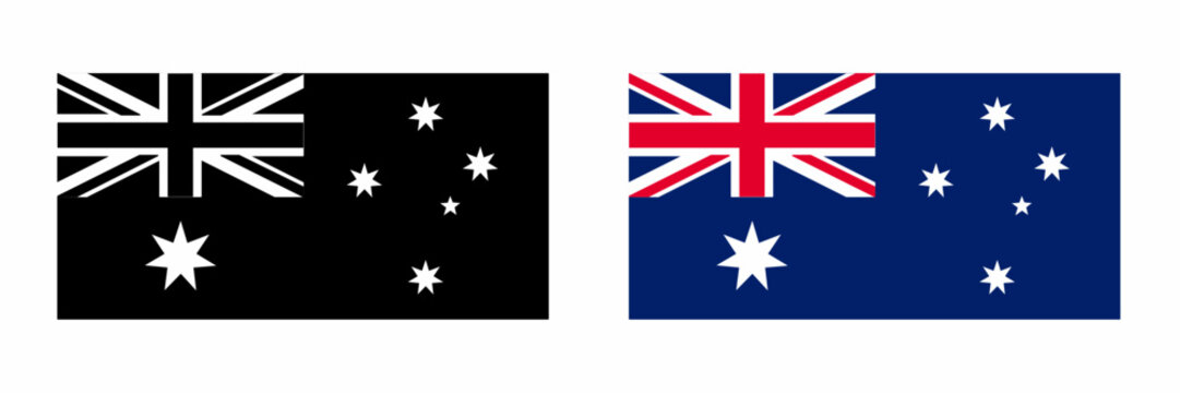 Australian national flag vector set with monochrome and official color versions isolated on white background. Perfect for education, travel, geography, government, and international design projects.