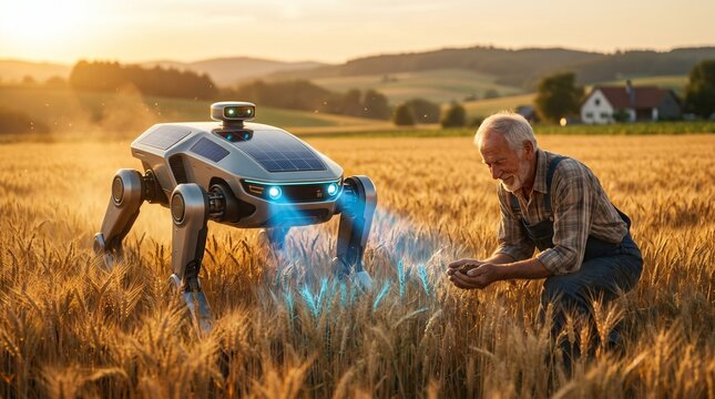 An elderly farmer examines soil next to a quadruped robot scanning a golden wheat field at sunset