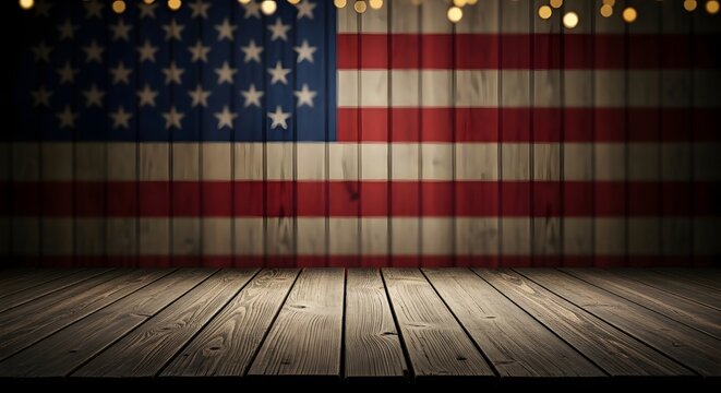 Rustic wooden table top with blurred american flag background and warm string lights