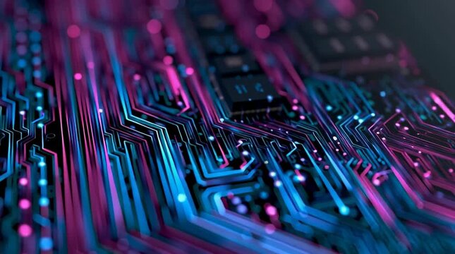 high angle view of an illuminated circuit board, featuring intricate pathways in bright blue and magenta hues against a dark background Generative AI