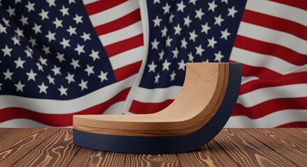 Obraz premium Curved wooden podium on table with american flag background 3d rendering of patriotic product display stand for independence day