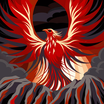 A phoenix rising from charcoal ashes, feathers bleeding into deep vermilion and burnt orange.