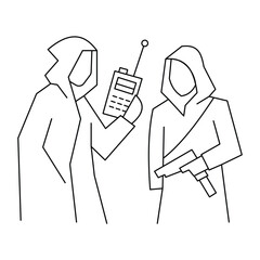 Naklejka premium Guerrilla soldiers wearing hoods holding radio walkie talkie and handgun.Editable stroke, Vector illustration, Line art Icon, Symbols.