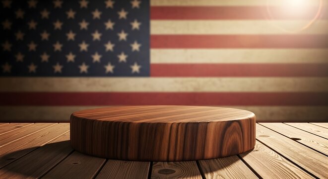 Wooden podium on rustic table with american flag background for product display