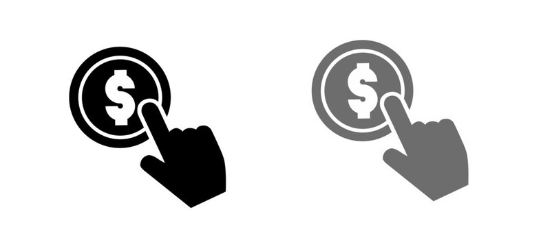 Hand clicking on a dollar coin icon representing pay per click, digital payment, financial transaction, and online investment in flat minimalist style