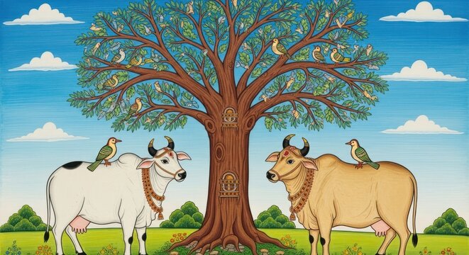 Traditional Indian Folk Art Depicting Two Cows Under a Tree.