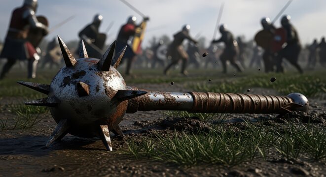 Spiked mace lies in the mud on a medieval battlefield while soldiers fight in the background.