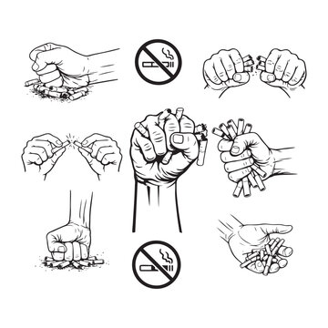 illustration of hands crushing cigarettes with no smoking symbols, designed for World No Tobacco Day campaigns, health awareness posters, and anti-smoking advocacy materials.