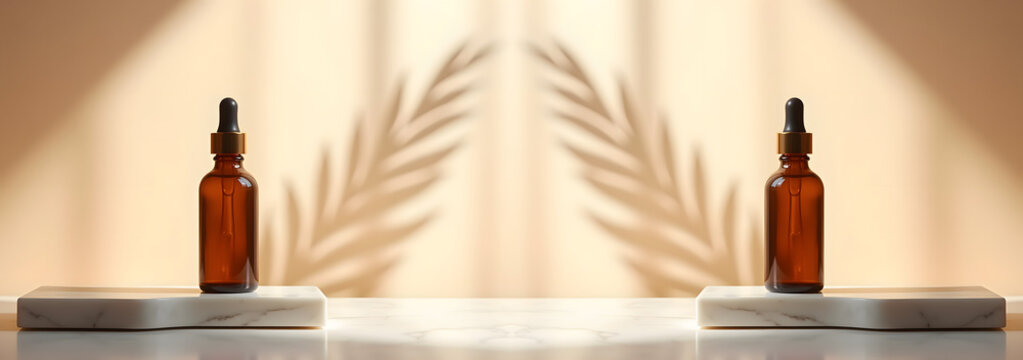 Beauty serum bottles with warm ambiance and soft shadows on marble background