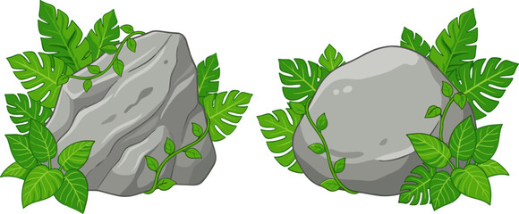 Tropical Jungle Rock and Stone Vector Illustration Set Featuring Grey Boulders Overgrown with Lush Green Monstera Leaves and Vines for Game Environments and Nature Designs © monoara