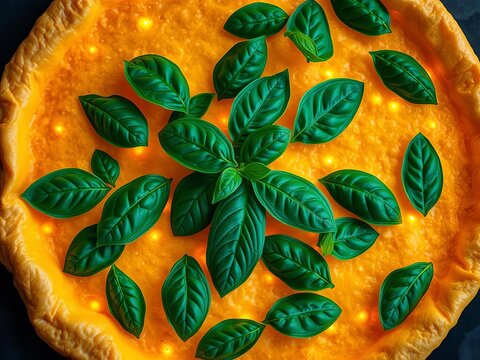 Hand-cut basil leaves scattered like emerald jewels across a golden crust, their veins catching the ambient glow, creating a delicate, natural mosaic,  overhead shot,  natural pattern