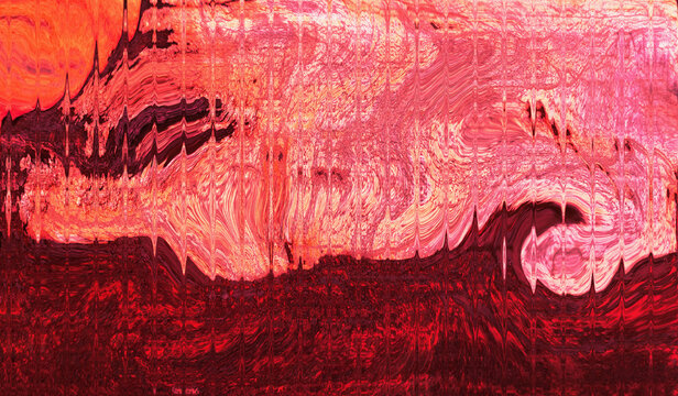 Glossy red abstract background with striped effect. Wavy striped glass refraction.