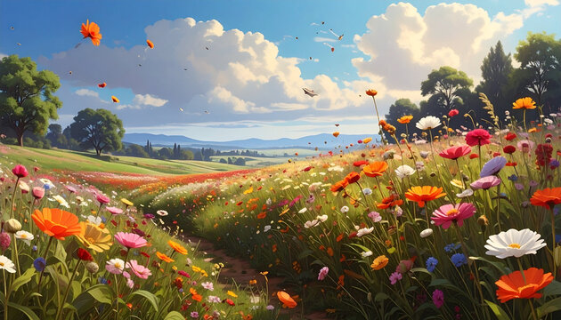 Campo vibrante de flores sob um c&eacute;u azul