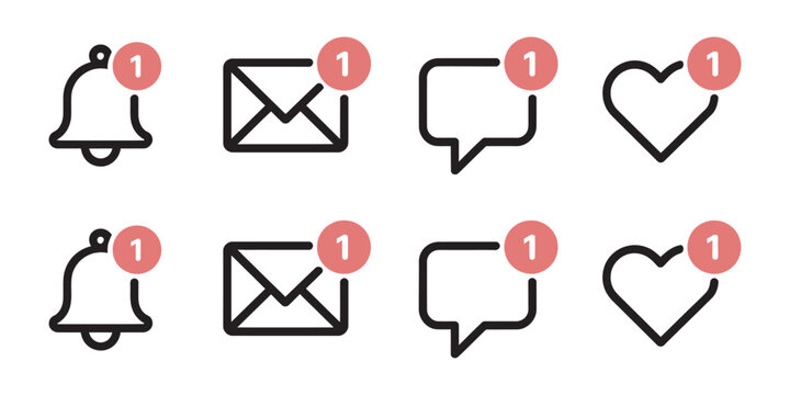 Social media notification icon set featuring bell alerts, message speech bubbles, like indicators, and red badge counters in clean modern vector style