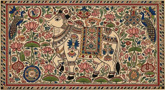 Traditional Indian Madhubani Painting of a Sacred Cow adorned with Flowers and Peacocks.