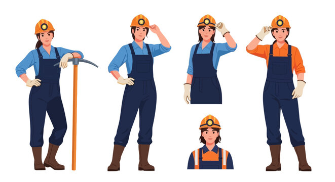 Workers in various construction poses with tools and safety gear on