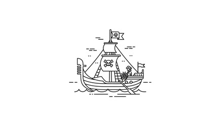 Naklejka premium Pirate Ship with Jolly Roger Flag and Captain Steering