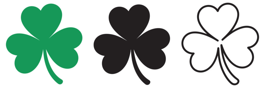 St Patrick&rsquo;s Day shamrock clover icon set featuring three leaf Irish good luck symbols, fortune themed flat vector illustrations