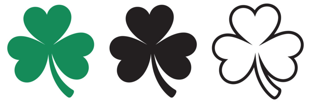 St Patrick&rsquo;s Day shamrock clover icon set featuring three leaf Irish good luck symbols, fortune themed flat vector illustrations