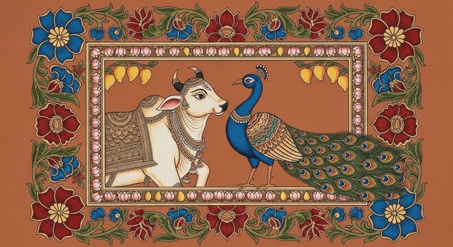 Traditional Indian Miniature Painting of a Cow and Peacock in Decorative Frame.