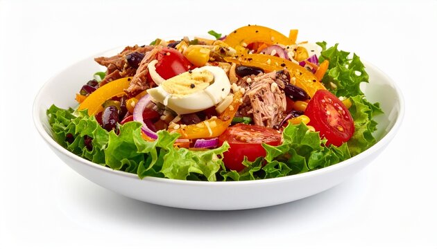 delicious high protein salad with meat boiled eggs and peppers