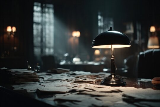Lamp Illuminates Pile of Papers on Wooden Desk