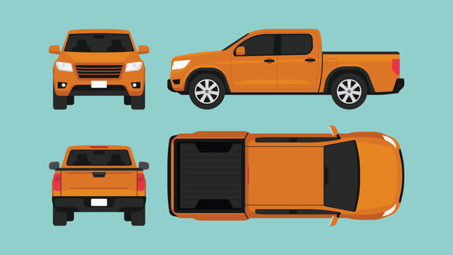 Orange pickup truck set with side, top, front, and rear view, modern utility vehicle with consistent proportions for automotive, logistics, transport, and mobility concept, flat vector illustration