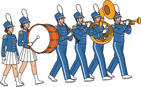 Marching Band Vector Set with Uniformed Musicians and Drum Majorettes Playing Trumpet Clarinet Bass Drum and Sousaphone Parade Illustration